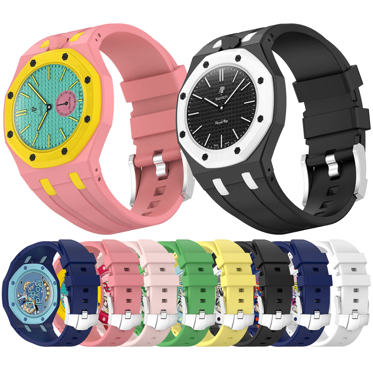 Royal Pop Silicone Rubber Watch Band Conversion Strap For AP Swatch Wristwatch, Black @ 12