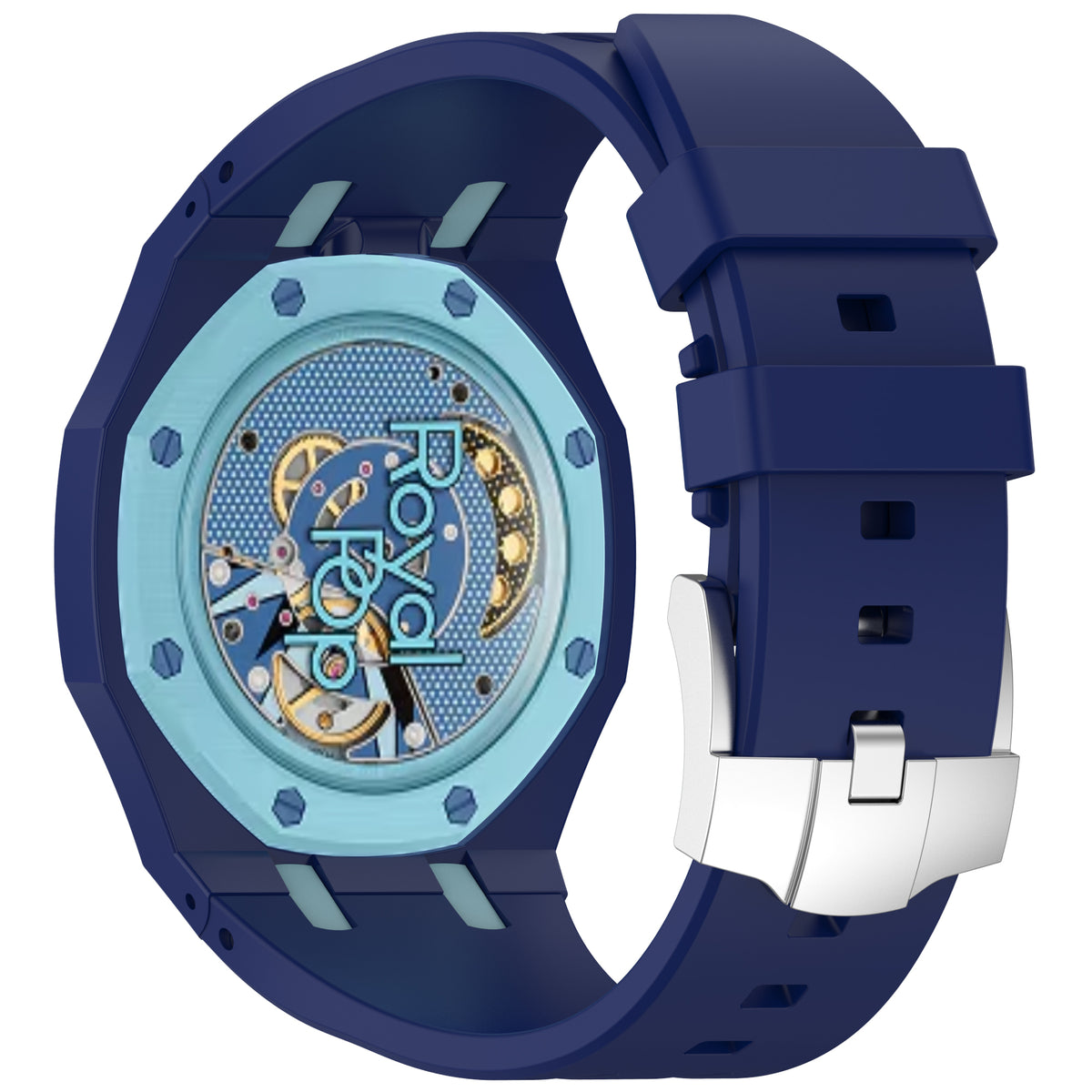 Royal Pop Silicone Rubber Watch Band Conversion Strap For AP Swatch Wristwatch, Blue/light Blue @ 12, view 4