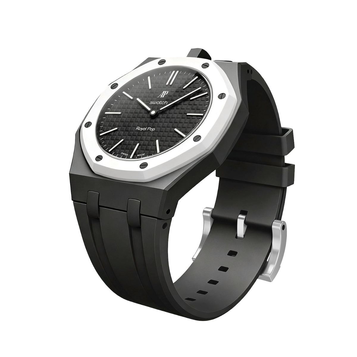 Ceramic Case Silicone Strap Band for Royal Pop AP Swatch Pocket Watch Conversion, Black, front view