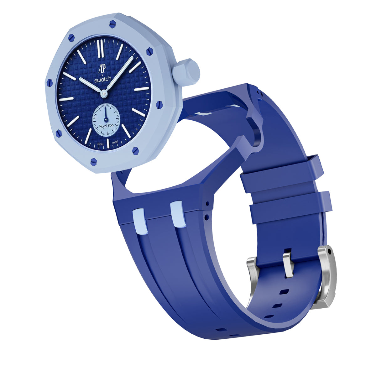 Ceramic Case Silicone Strap Band for Royal Pop AP Swatch Pocket Watch Conversion, Blue/white, view 2