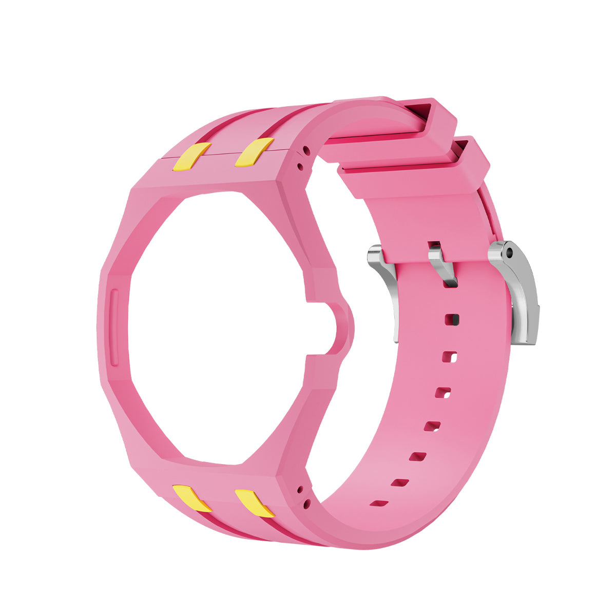 Ceramic Case Silicone Strap Band for Royal Pop AP Swatch Pocket Watch Conversion, Dark Pink/yellow