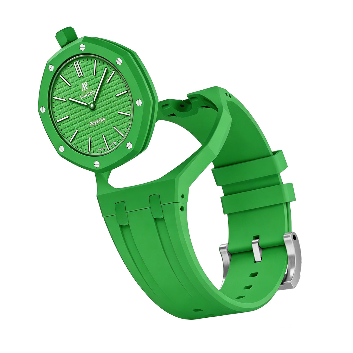 Ceramic Case Silicone Strap Band for Royal Pop AP Swatch Pocket Watch Conversion, Green, view 2