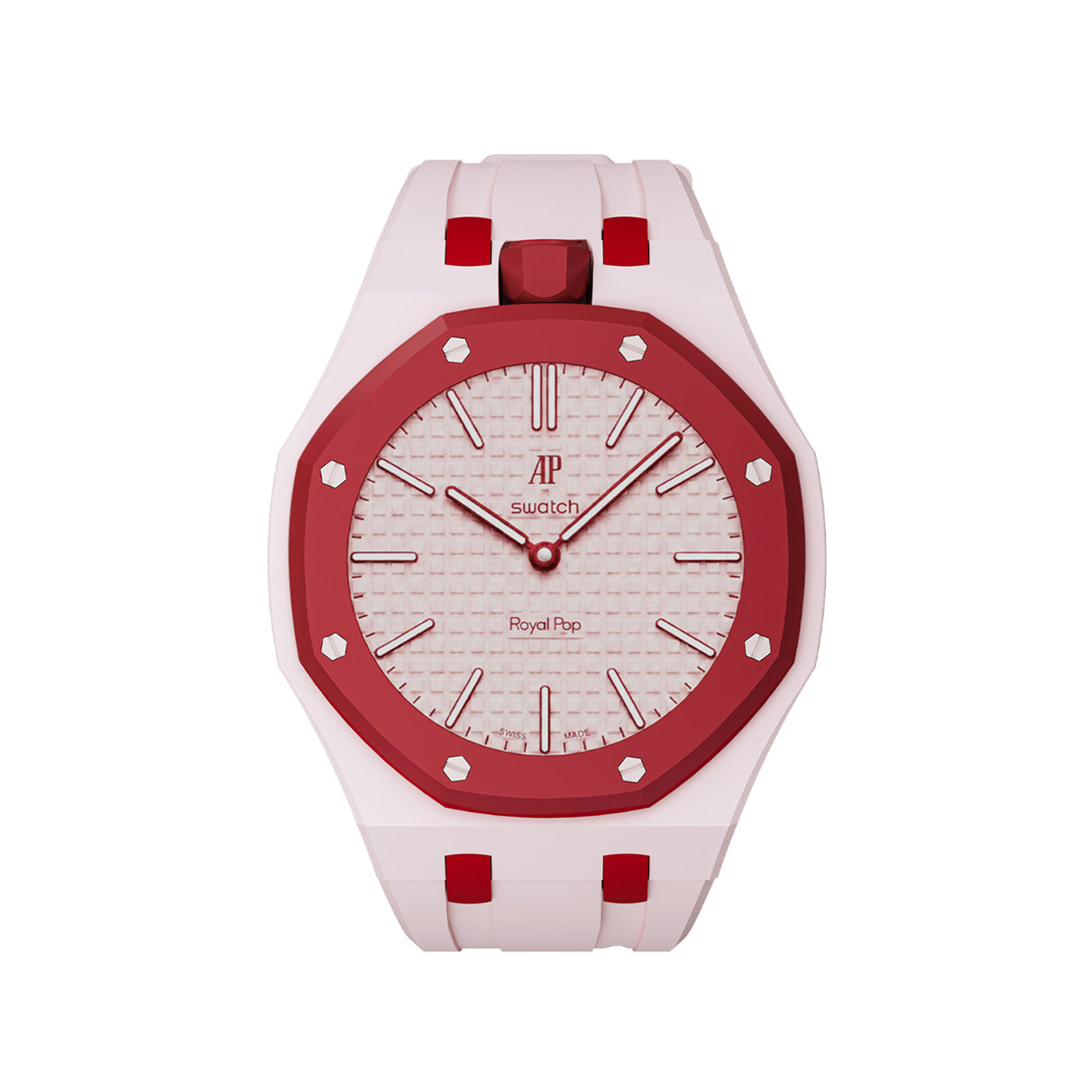 Ceramic Case Silicone Strap Band for Royal Pop AP Swatch Pocket Watch Conversion, Light Pink/red, view 3