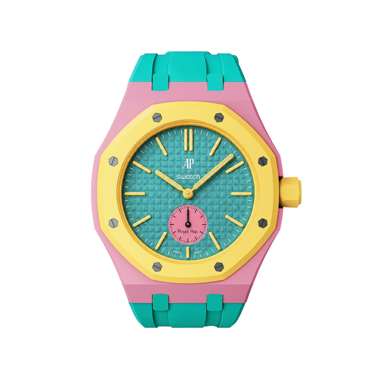 Ceramic Case Silicone Strap Band for Royal Pop AP Swatch Pocket Watch Conversion, Pink/turquoise, view 3