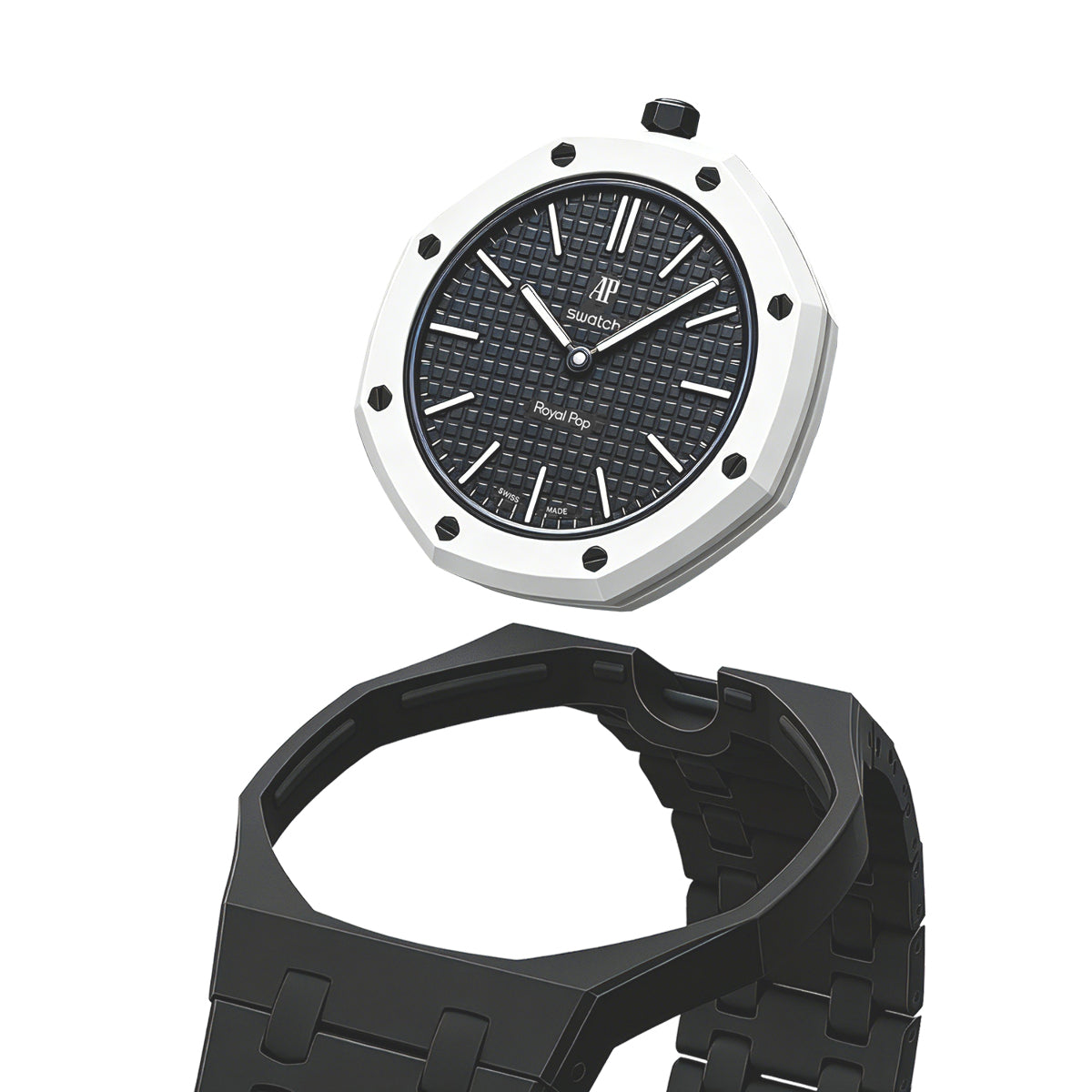 Ceramic Watch Strap Band with Ceramic Case Mod Kit For Swatch X AP Royal Pop, Black, view 3