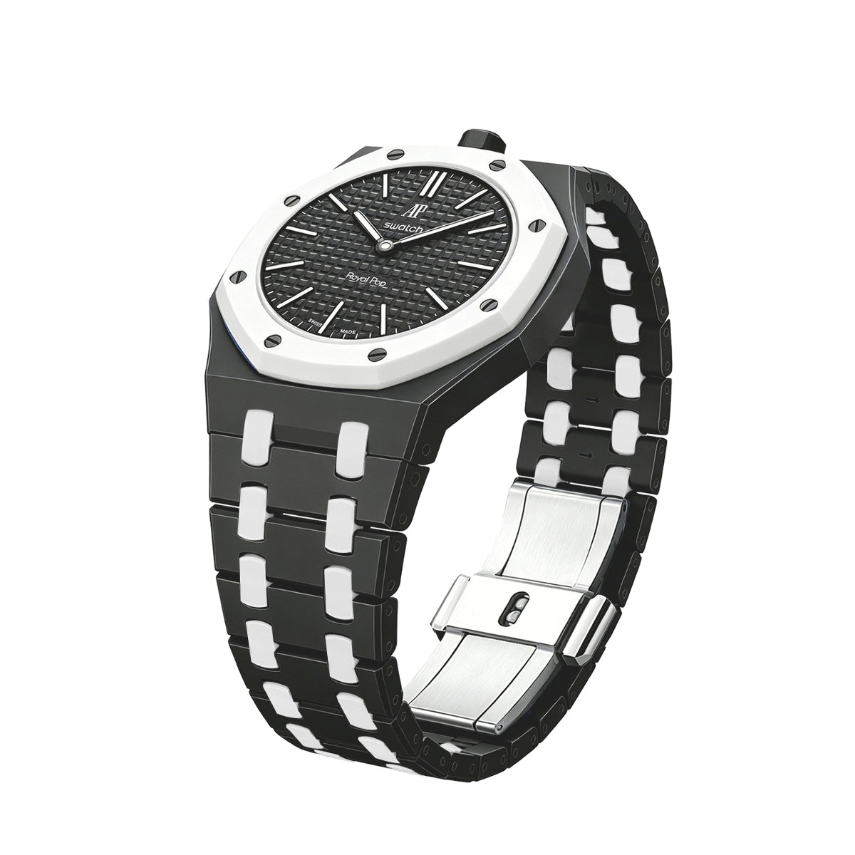 Ceramic Watch Strap Band with Ceramic Case Mod Kit For Swatch X AP Royal Pop, Black/white, view 4
