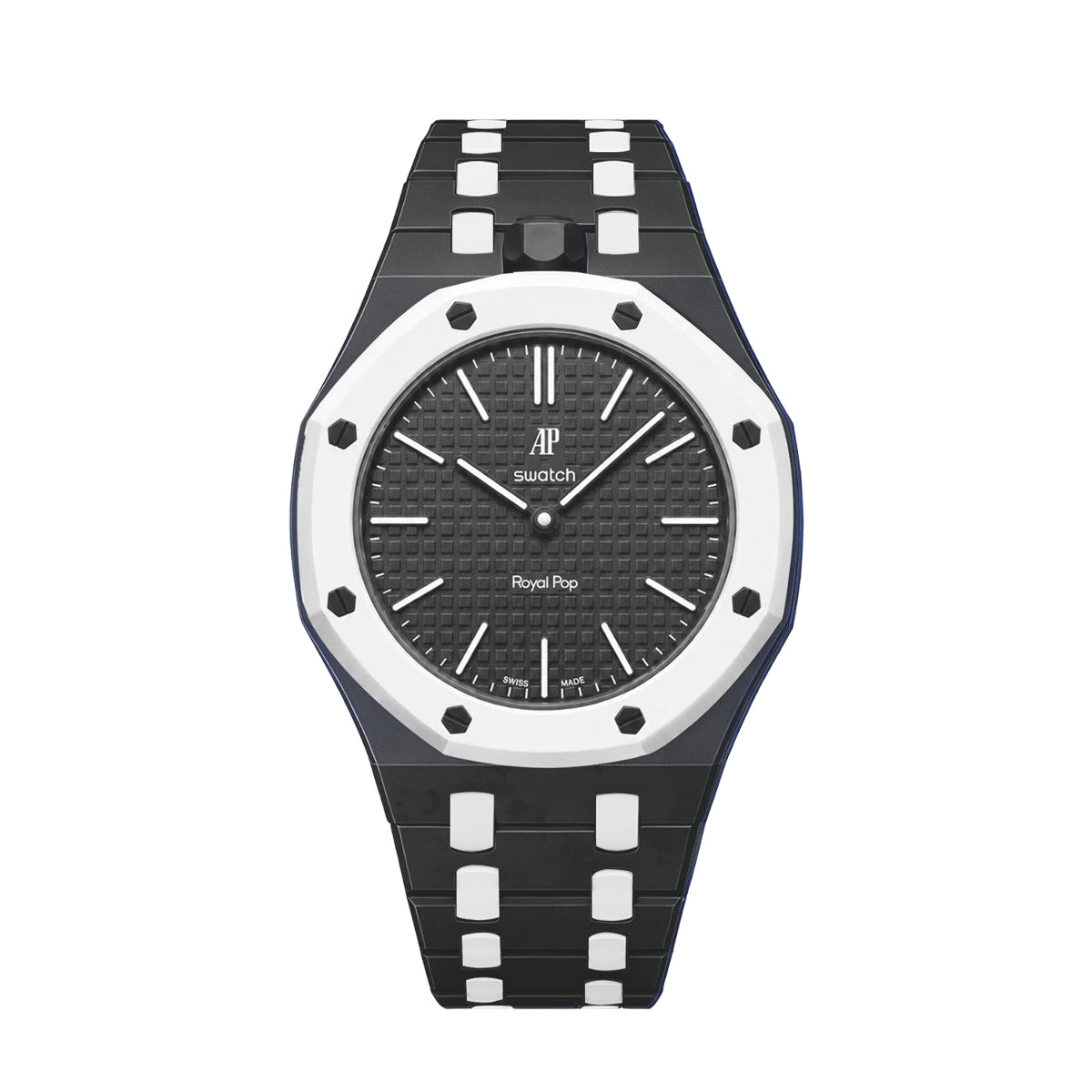 Ceramic Watch Strap Band with Ceramic Case Mod Kit For Swatch X AP Royal Pop, Black/white, front view