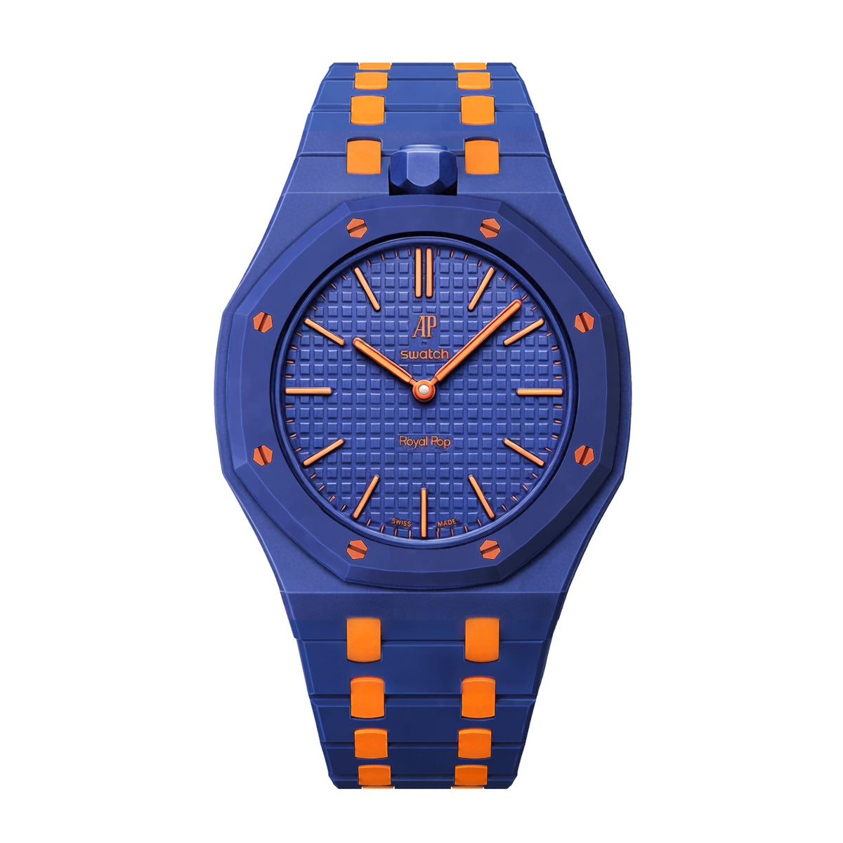 Ceramic Watch Strap Band with Ceramic Case Mod Kit For Swatch X AP Royal Pop, Blue/orange, front view