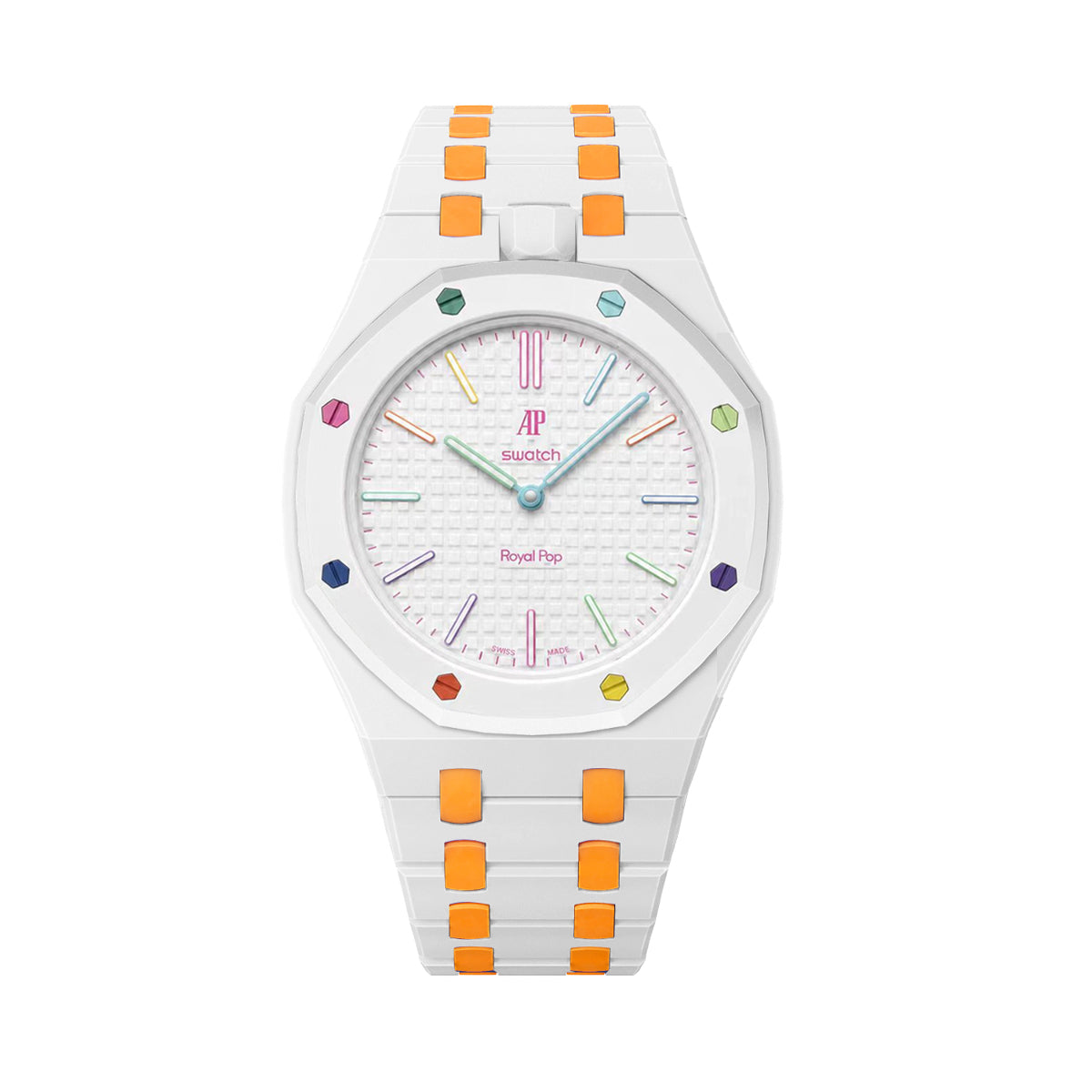 Ceramic Watch Strap Band with Ceramic Case Mod Kit For Swatch X AP Royal Pop, White/orange, view 3