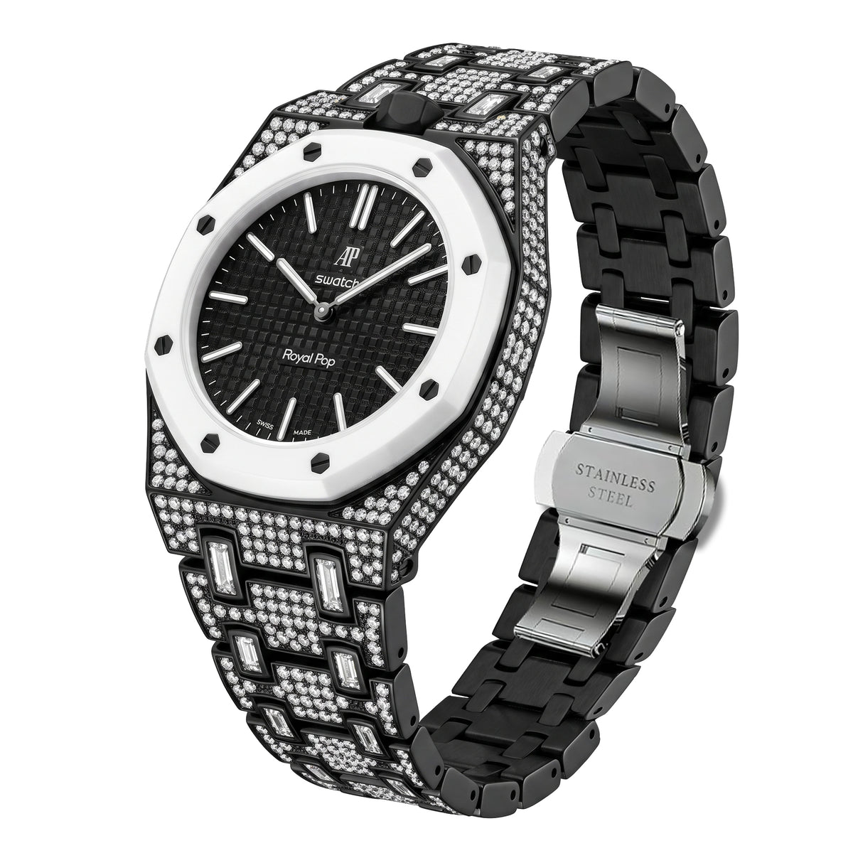 Ceramic Watch Case & Strap for Royal Pop AP Swatch Watch with Stones Blinged Out, Black, view 3