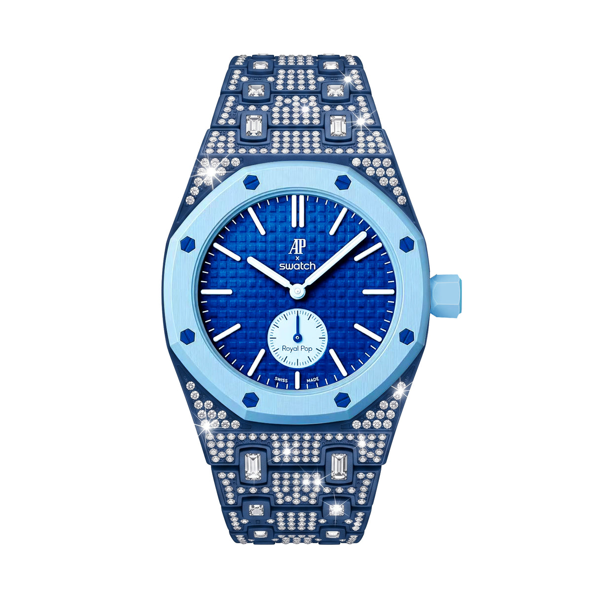 Ceramic Watch Case & Strap for Royal Pop AP Swatch Watch with Stones Blinged Out, Blue, view 3