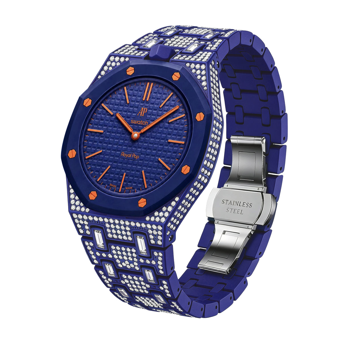 Ceramic Watch Case & Strap for Royal Pop AP Swatch Watch with Stones Blinged Out, Dark Blue, view 2