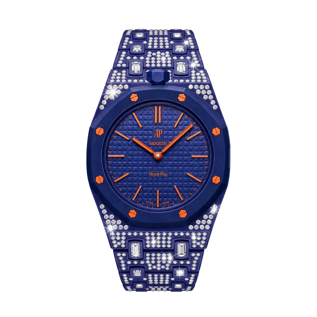 Ceramic Watch Case & Strap for Royal Pop AP Swatch Watch with Stones Blinged Out, Dark Blue, view 3