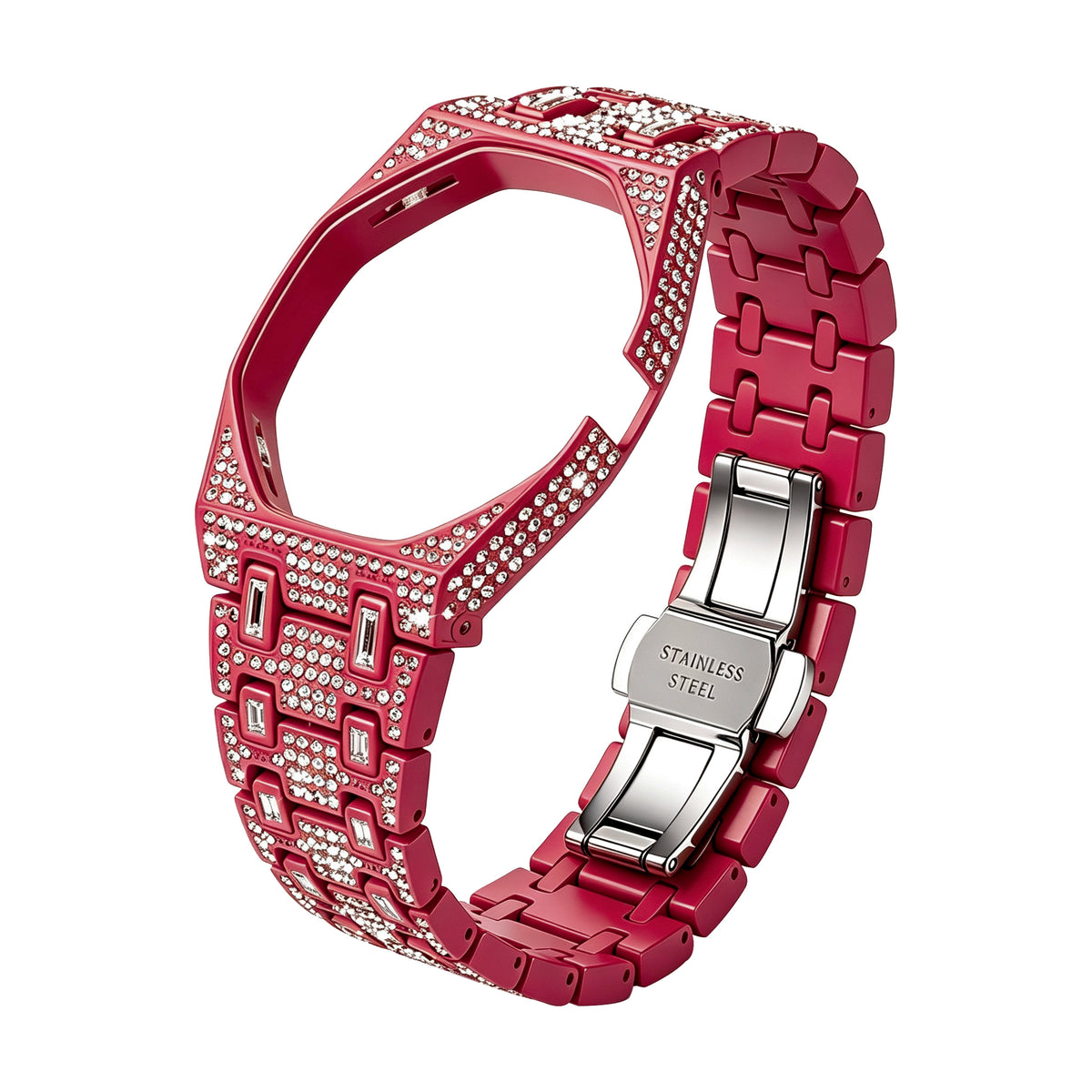 Ceramic Watch Case & Strap for Royal Pop AP Swatch Watch with Stones Blinged Out, Dark Pink