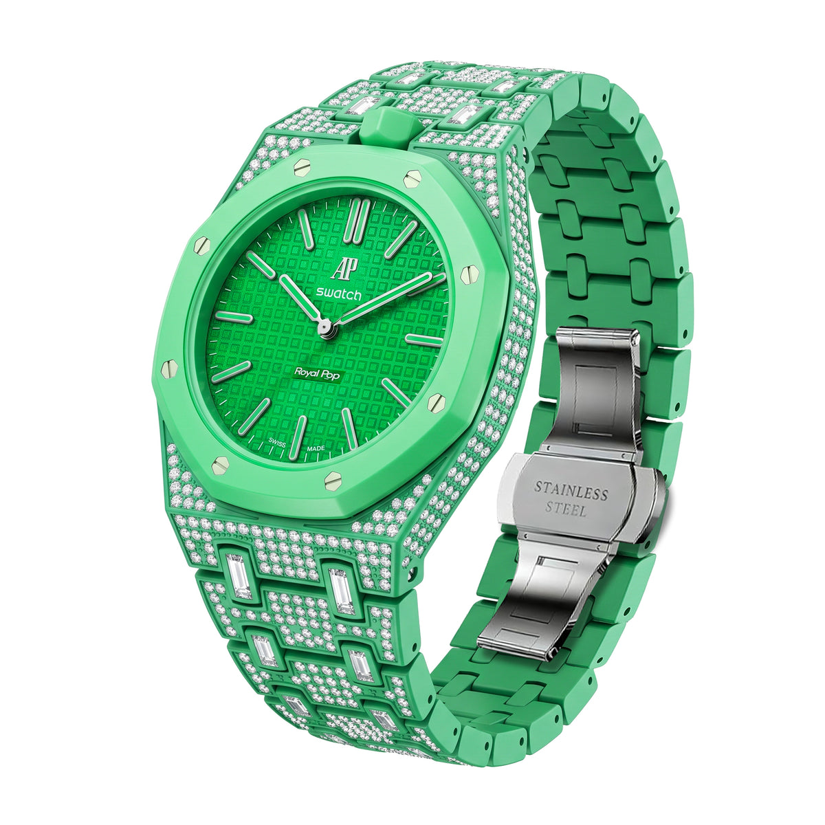 Ceramic Watch Case & Strap for Royal Pop AP Swatch Watch with Stones Blinged Out, Green, view 2