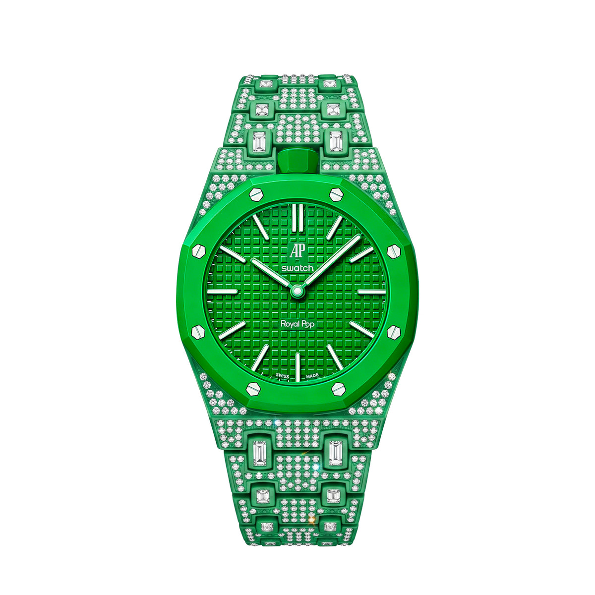 Ceramic Watch Case & Strap for Royal Pop AP Swatch Watch with Stones Blinged Out, Green, view 3