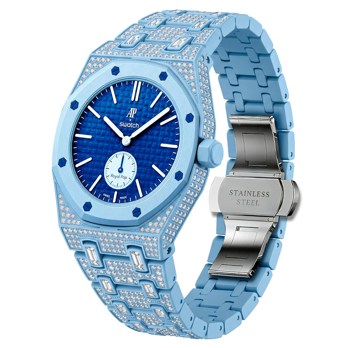 Ceramic Watch Case & Strap for Royal Pop AP Swatch Watch with Stones Blinged Out, Light Blue, view 3