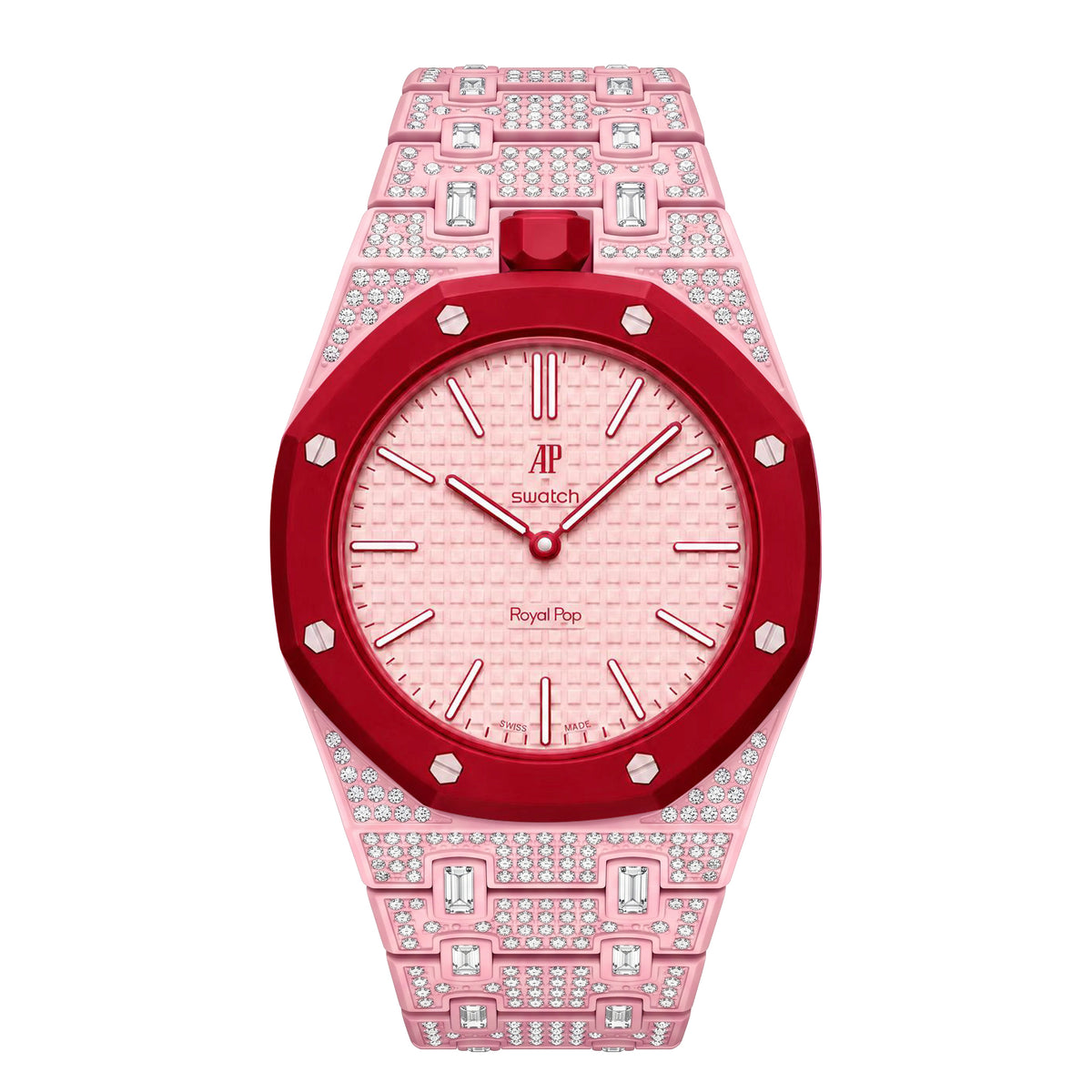 Ceramic Watch Case & Strap for Royal Pop AP Swatch Watch with Stones Blinged Out, Light Pink, view 3
