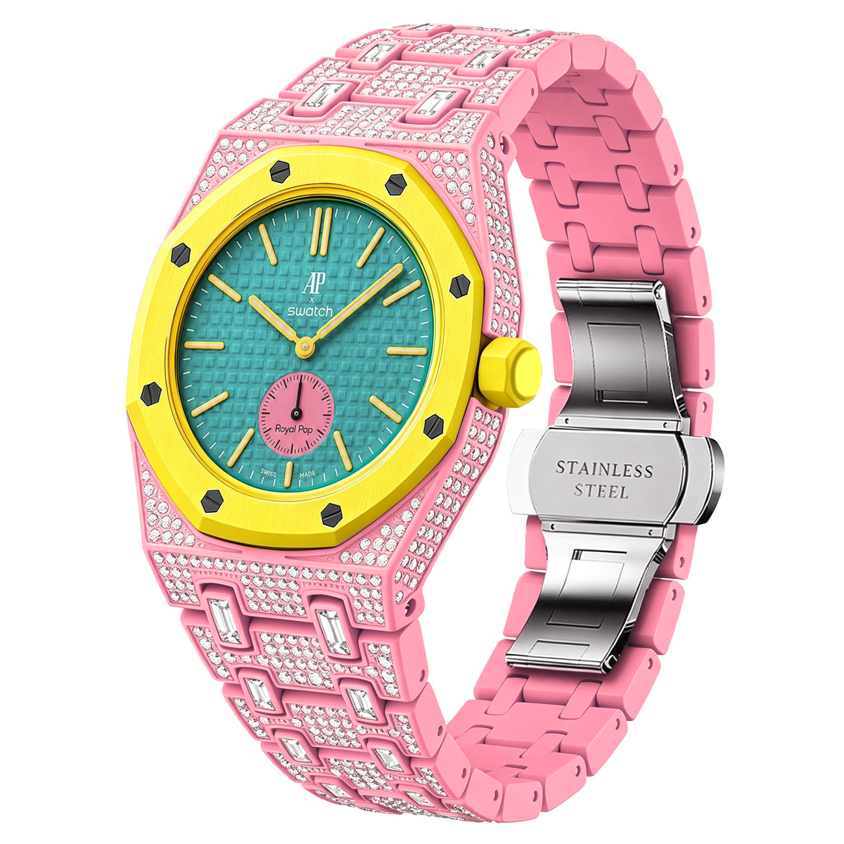 Ceramic Watch Case & Strap for Royal Pop AP Swatch Watch with Stones Blinged Out, Pink, view 2