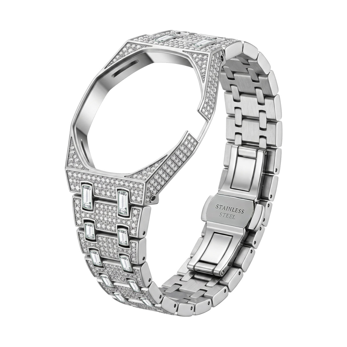 Ceramic Watch Case & Strap for Royal Pop AP Swatch Watch with Stones Blinged Out, Silver
