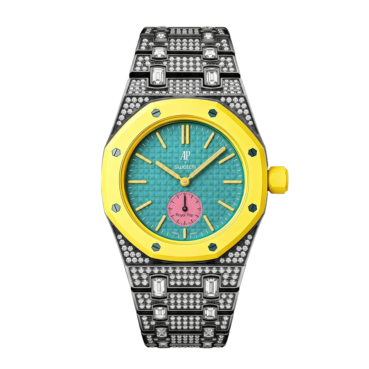 Ceramic Watch Case & Strap for Royal Pop AP Swatch Watch with Stones Blinged Out, Silver, view 3