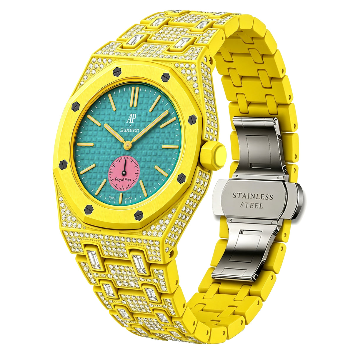 Ceramic Watch Case & Strap for Royal Pop AP Swatch Watch with Stones Blinged Out, Yellow, view 2
