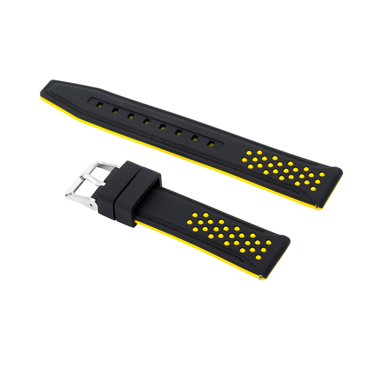 20-22-24-26MM RUBBER WATCH BAND STRAP FOR RALLY RACING PERFORATED STRAIGHT ENDS, Black & Yellow, view 2