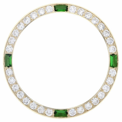 LADIES 1CT BEAD SET DIAMOND BEZEL 18KY FOR ROLEX DATE, DATEJUST WITH 4 EMERALDS