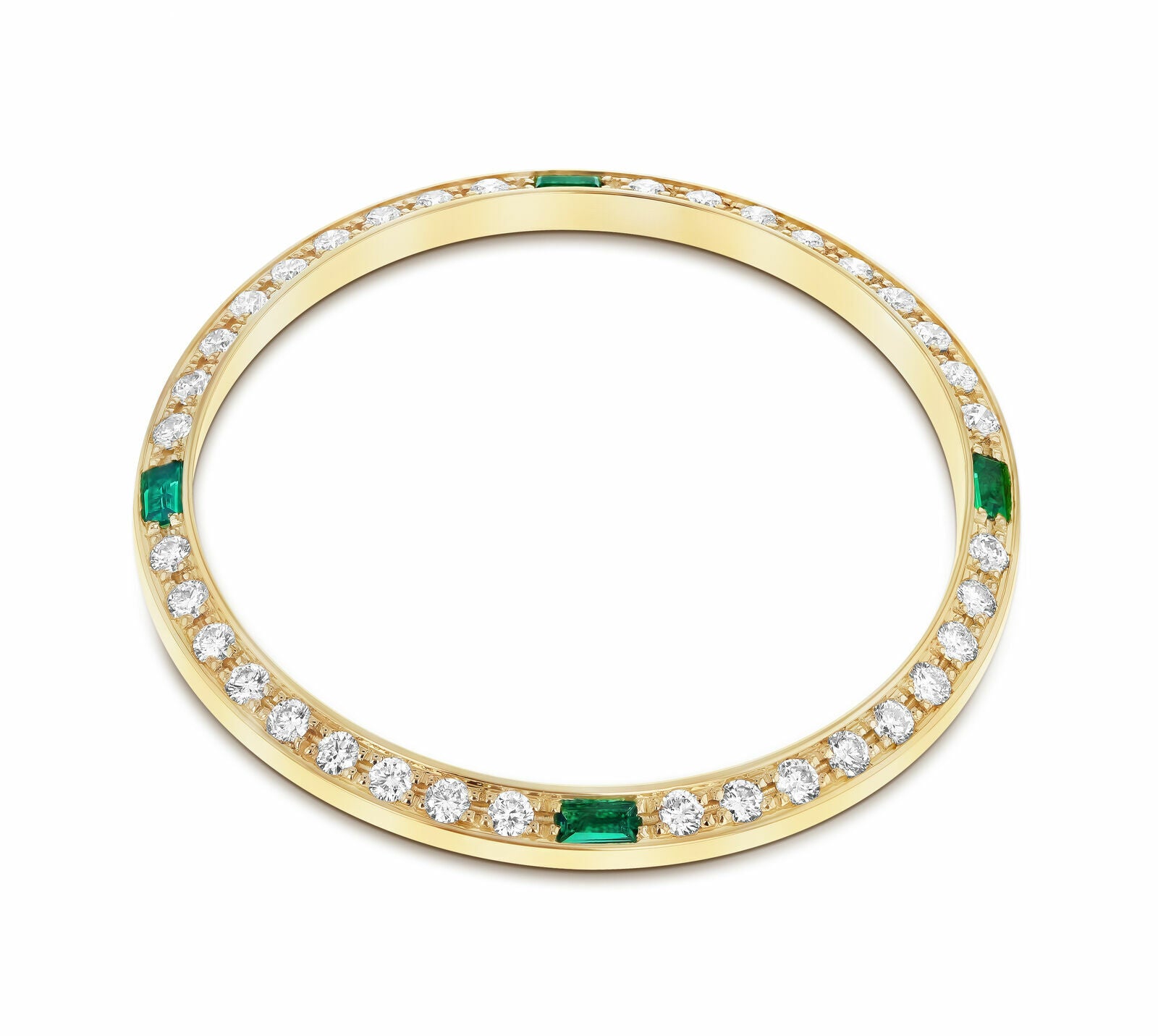 .90CT BEAD SET DIAMOND BEZEL FOR ROLEX DATE 34MM WITH 4 CORNER EMERALDS YELLOW