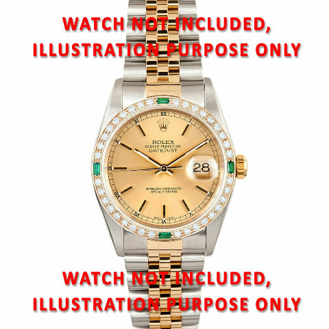 .90CT BEAD SET DIAMOND BEZEL FOR ROLEX DATE 34MM WITH 4 CORNER EMERALDS YELLOW