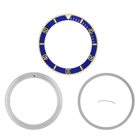 BEZEL, INSERT,  RETAINING RING FOR ROLEX SUBMARINER 18K GOLD 16613, 16618 BLUE