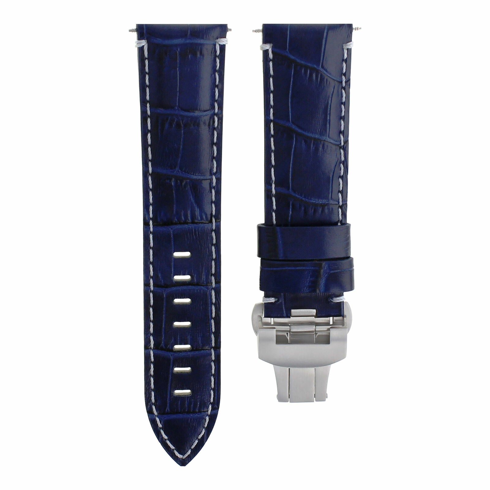 24MM LEATHER STRAP BAND DEPLOYMENT CLASP FOR PAM 44MM PANERAI BLUE  WHITE STITCH