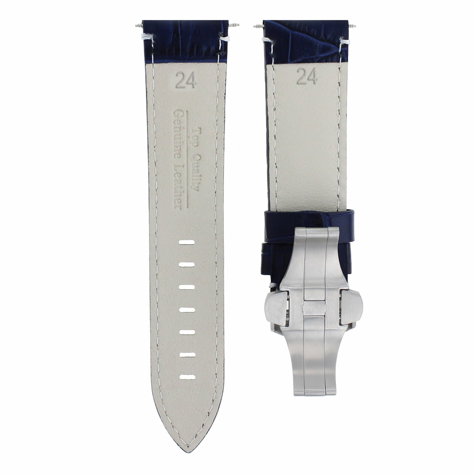 24MM LEATHER STRAP BAND DEPLOYMENT CLASP FOR PAM 44MM PANERAI BLUE  WHITE STITCH