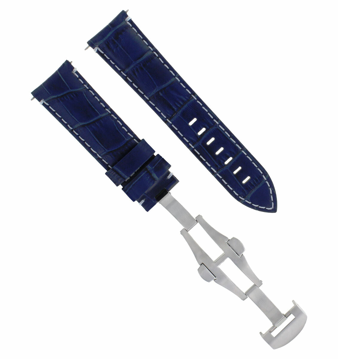 24MM LEATHER STRAP BAND DEPLOYMENT CLASP FOR PAM 44MM PANERAI BLUE  WHITE STITCH