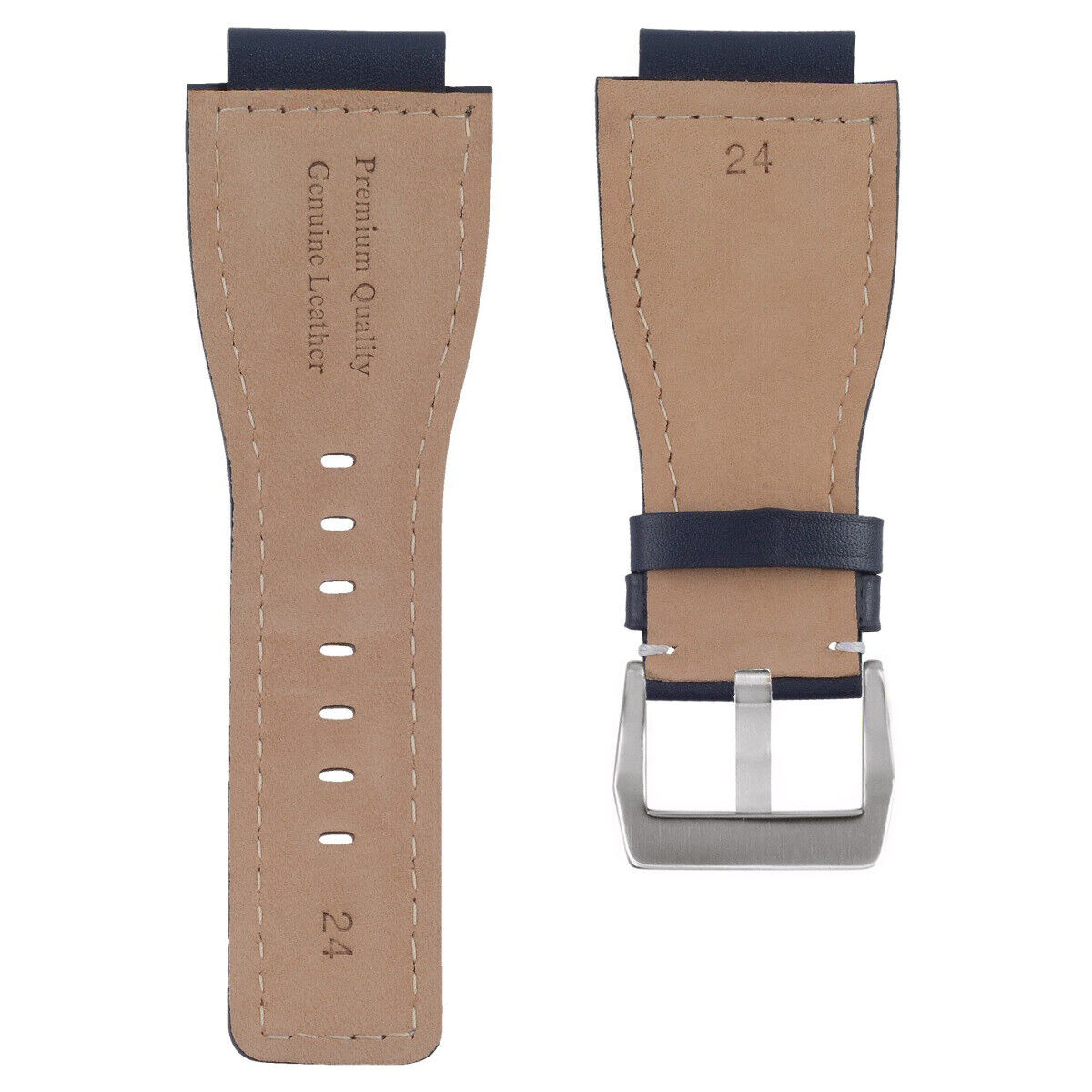 24MM SMOOTH LEATHER WATCH BAND STRAP FOR BELL ROSS BR-01-BR-03 SILVER BUCKLE