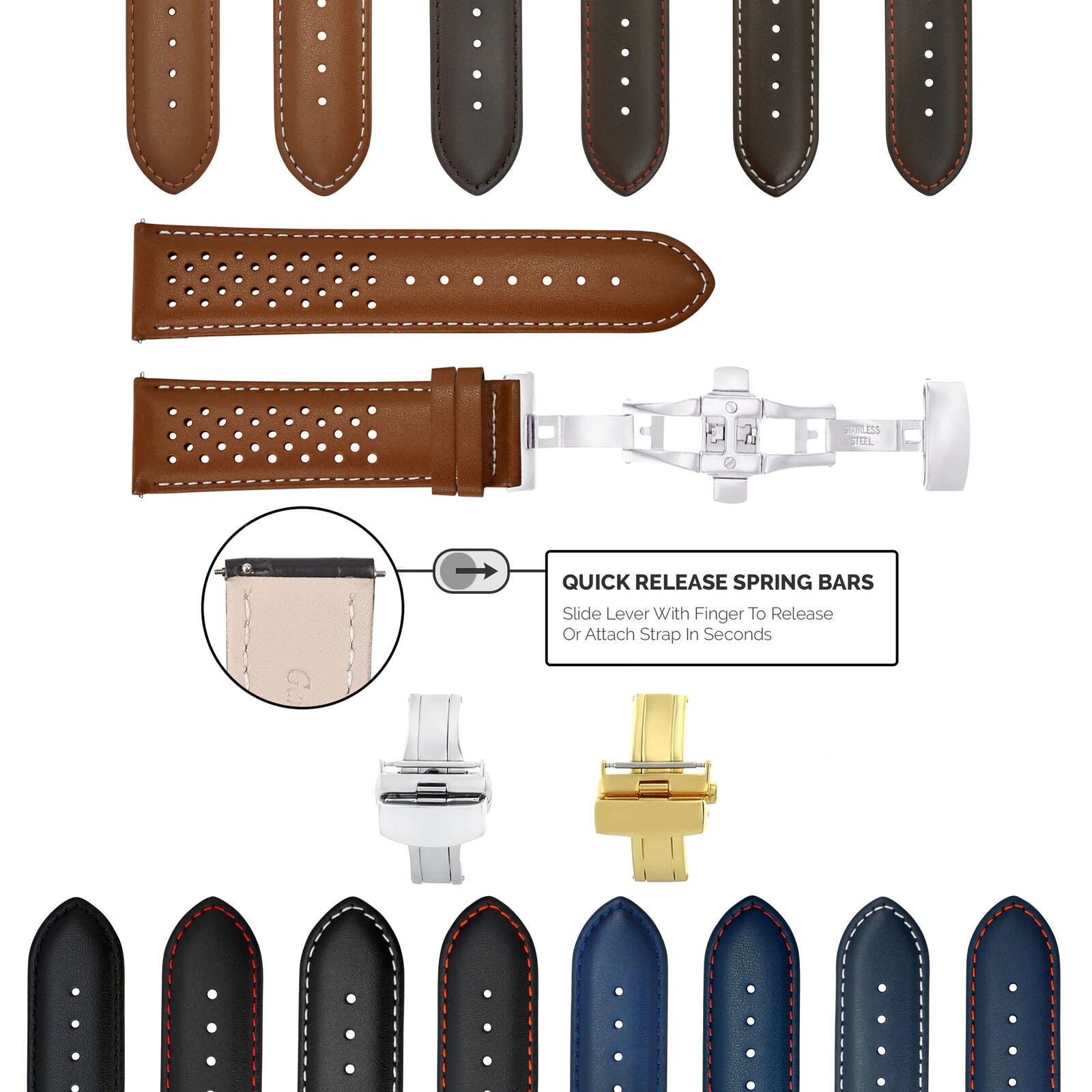 PERFORATED LEATHER RALLY WATCH STRAP BAND - QUICK RELEASE - 21MM