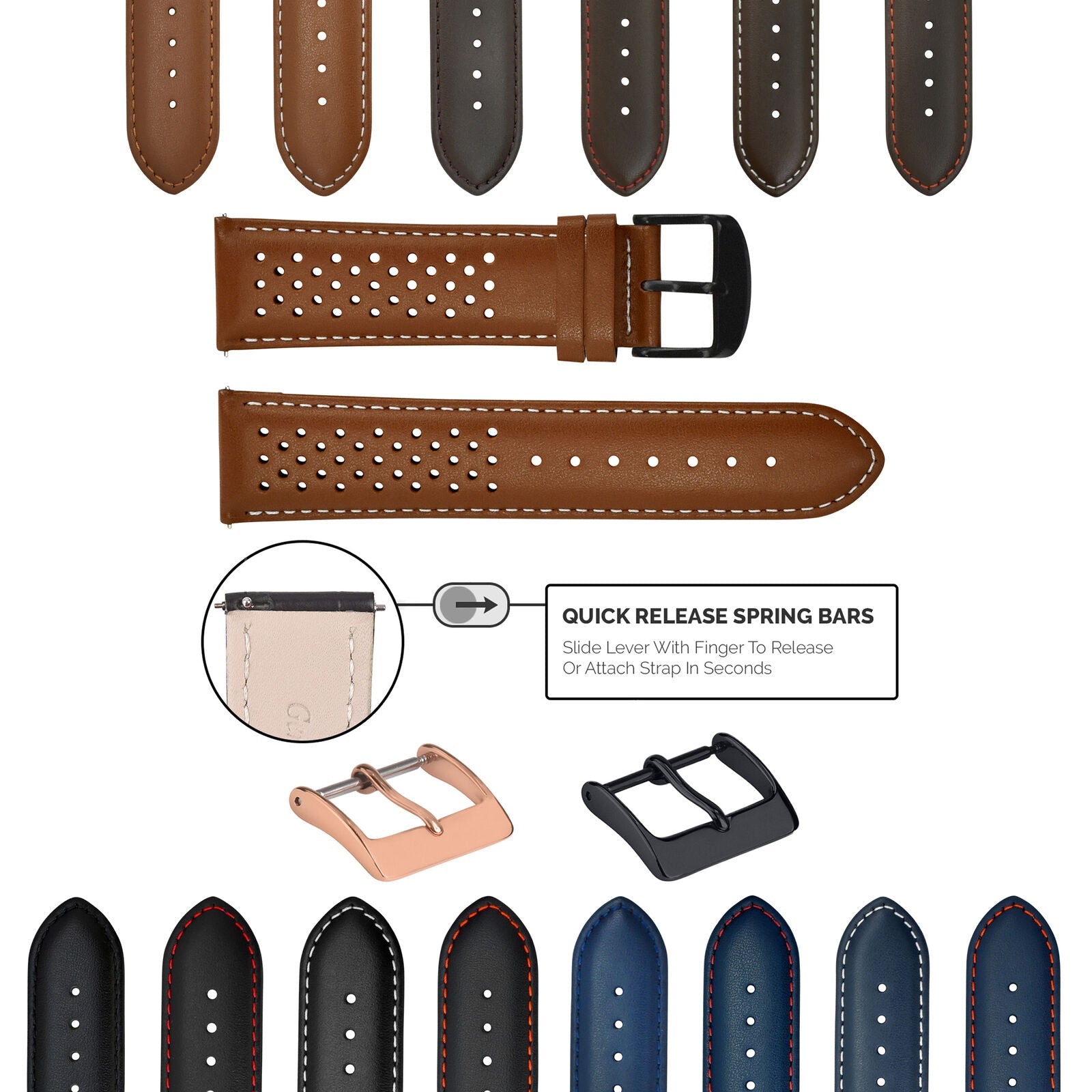 PERFORAT LEATHER WATCH BAND STRAP FOR SEIKO QUICK RELEASE - 22MM