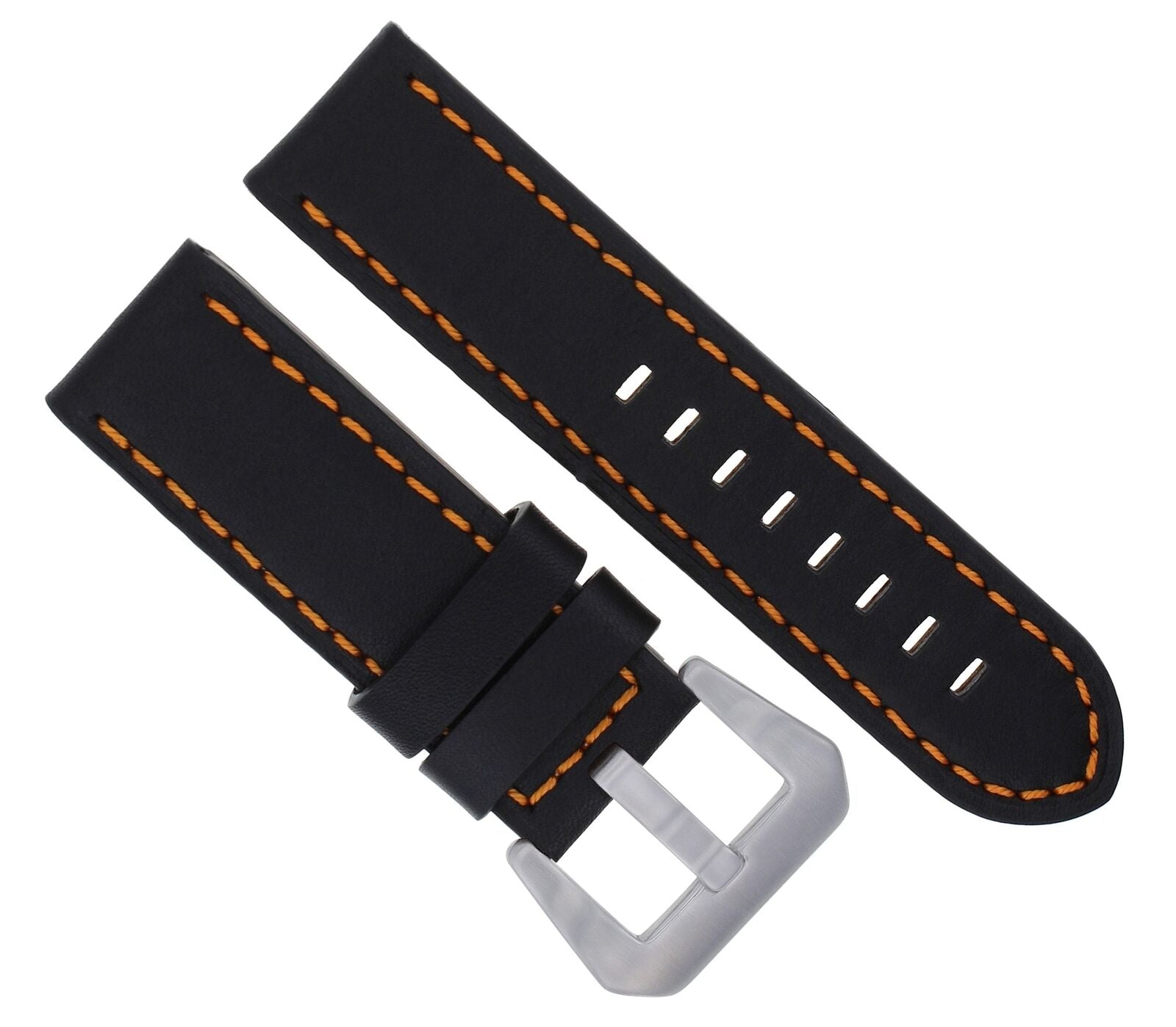 24MM LEATHER WATCH BAND STRAP FOR MENS LUM TEC WATCH BLACK ORANGE STITCH LONG