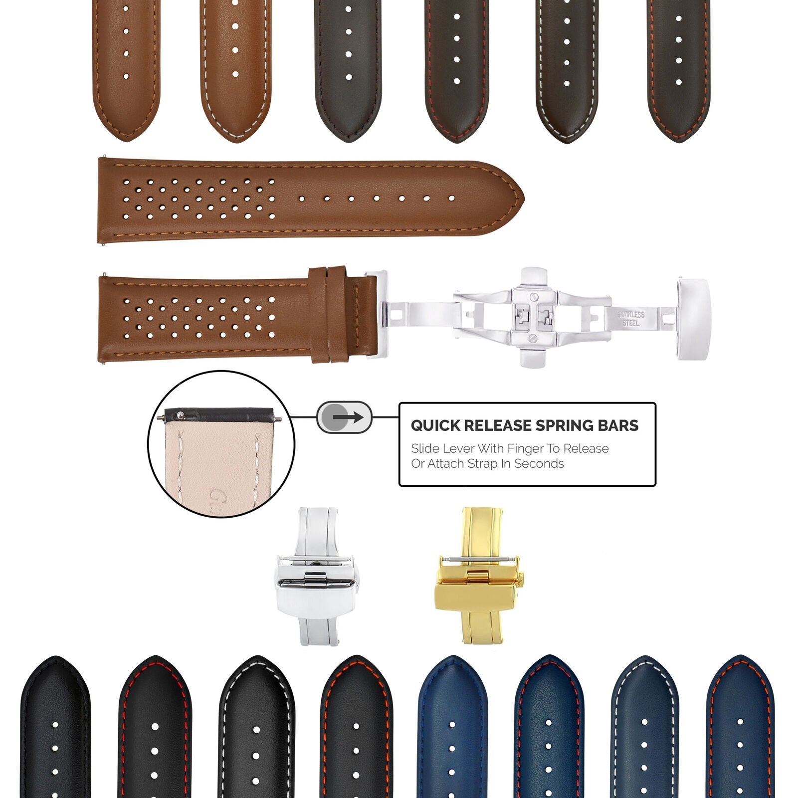 PERFORATED LEATHER RALLY WATCH STRAP BAND - QUICK RELEASE 18-19-20-21-22-23-24MM