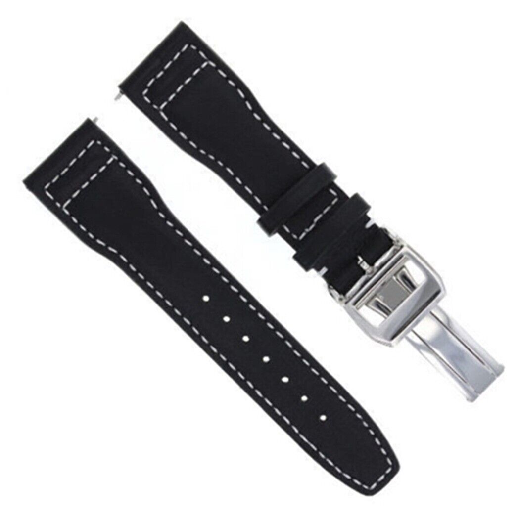 22MM LEATHER WATCH STRAP BAND DEPLOYMENT FOR IWC PILOT TOP GUN SHINY CLASP BLACK