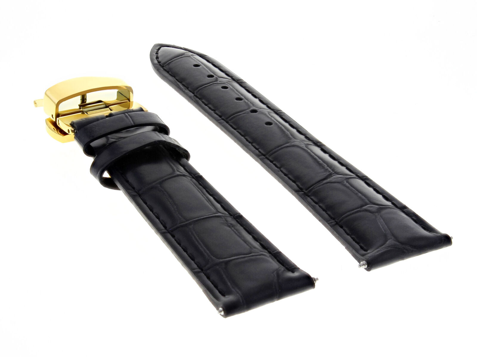 19MM LEATHER STRAP WATCH BAND FOR LONGINES WATCH DEPLOYMENT CLASP BLACK GOLD