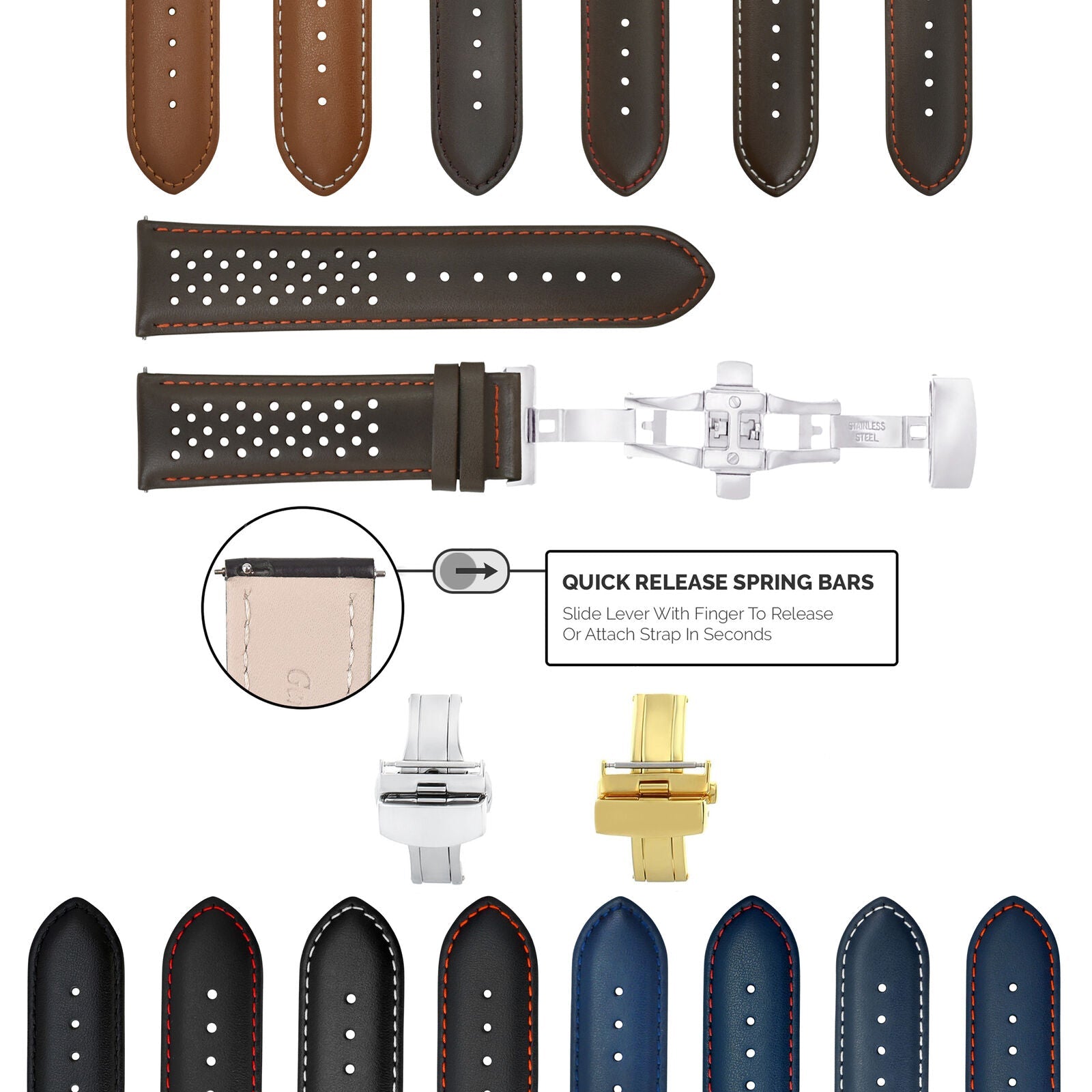 PERFORATED LEATHER RALLY WATCH STRAP BAND - QUICK RELEASE 18-19-20-21-22-23-24MM