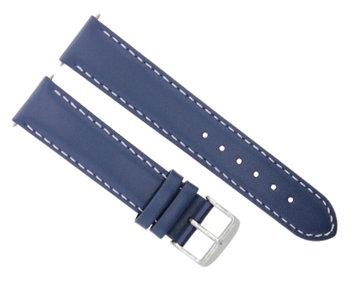 22MM SMOOTH LEATHER WATCH BAND STRAP SMOOTH FOR MOVADO WATCH BLUE WHITE STITCH