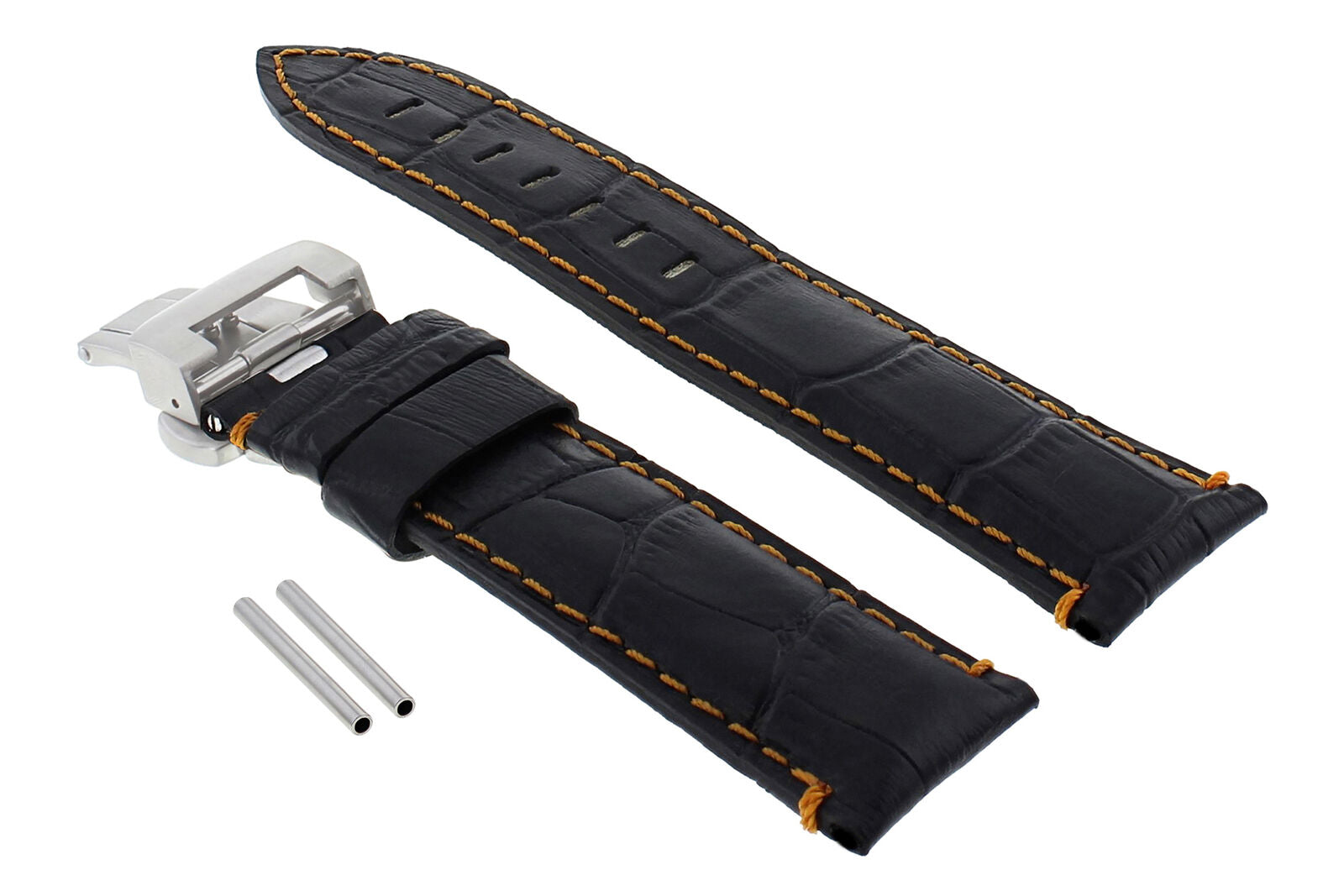 22MM LEATHER STRAP BAND DEPLOYMENT BUCKLE FOR PANERAI 111, 119, 244 BLACK ORANGE