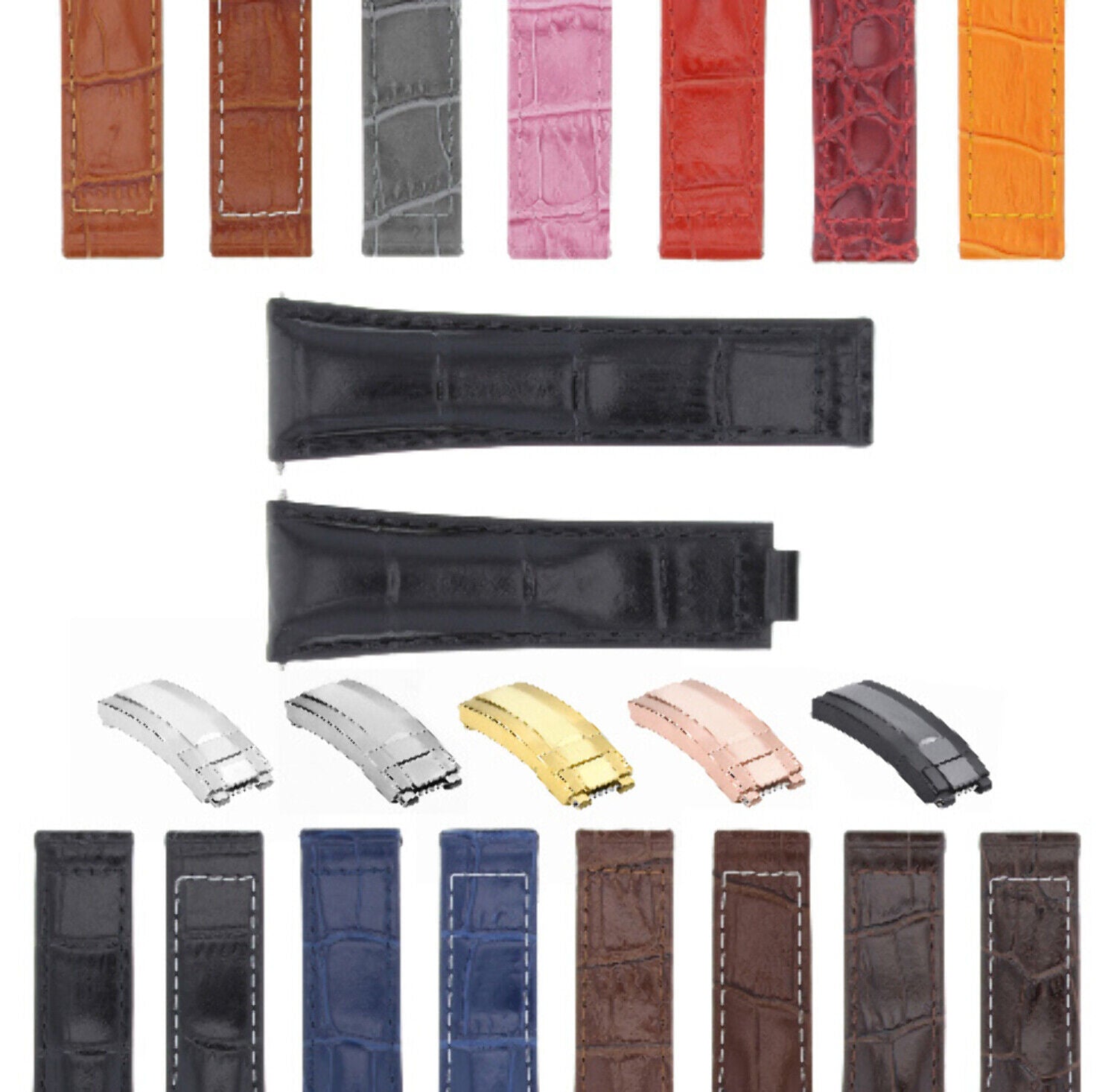 20MM LEATHER ALLIGATOR STRAP BAND CLASP FOR ROLEX DAYTONA 16520,116519 SHORT MEDIUM - Black