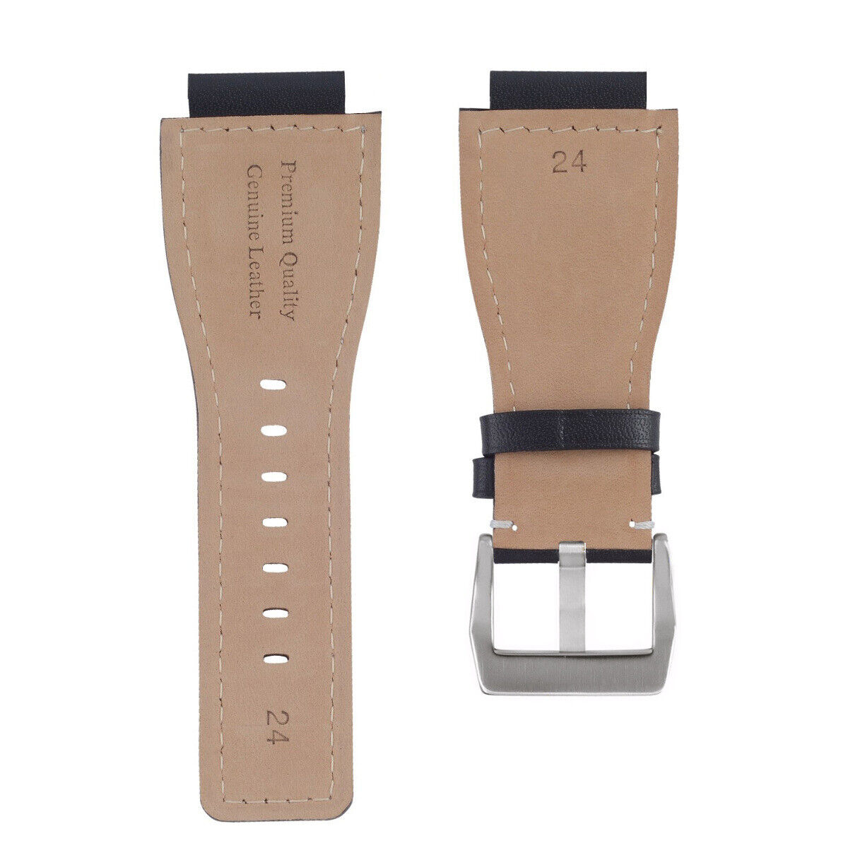 24MM SMOOTH LEATHER WATCH BAND STRAP FOR BELL ROSS BR-01-BR-03 SILVER BUCKLE