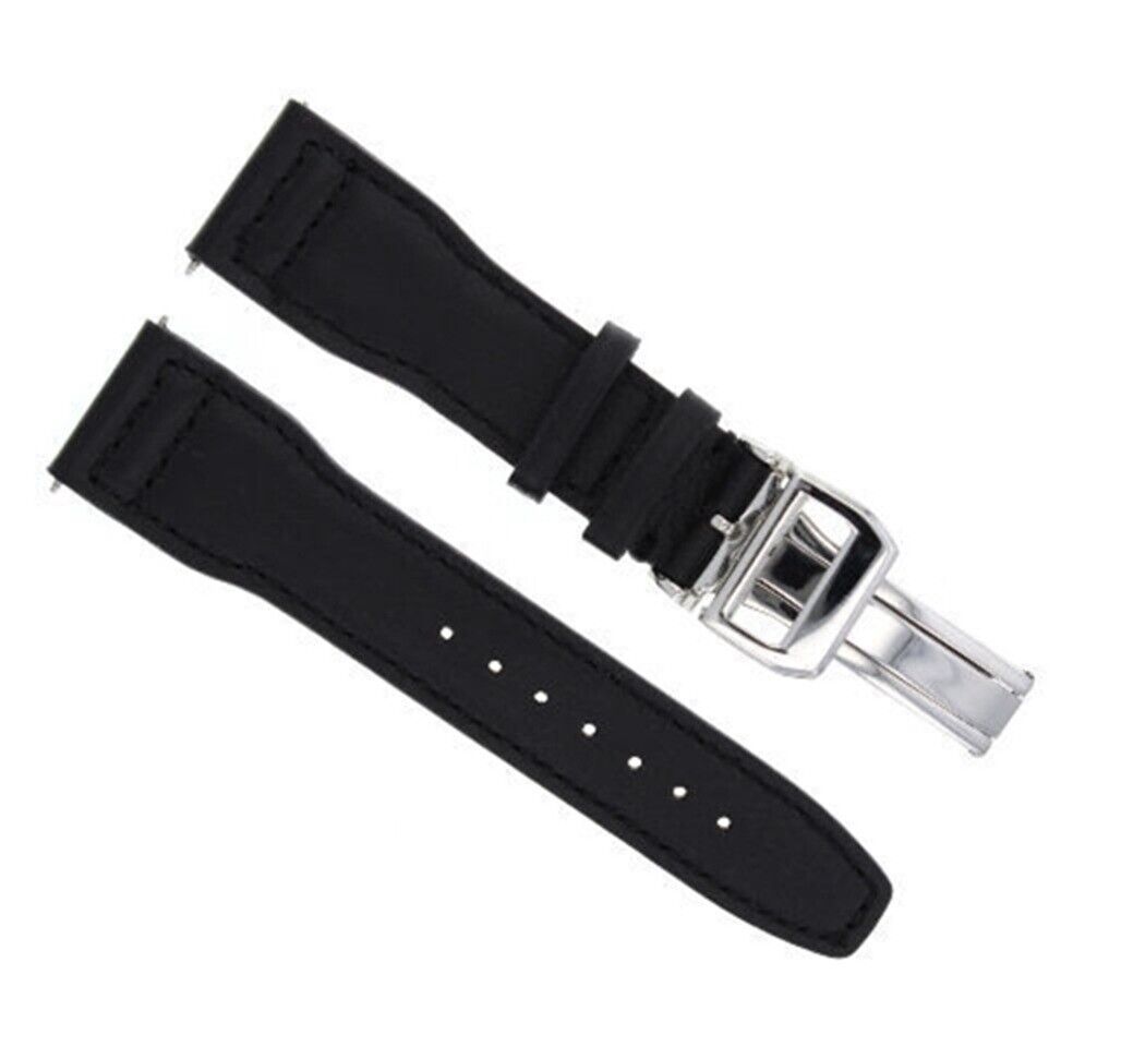 22MM LEATHER WATCH STRAP BAND DEPLOYMENT CLASP FOR IWC PILOT TOP GUN BLACK SHINY