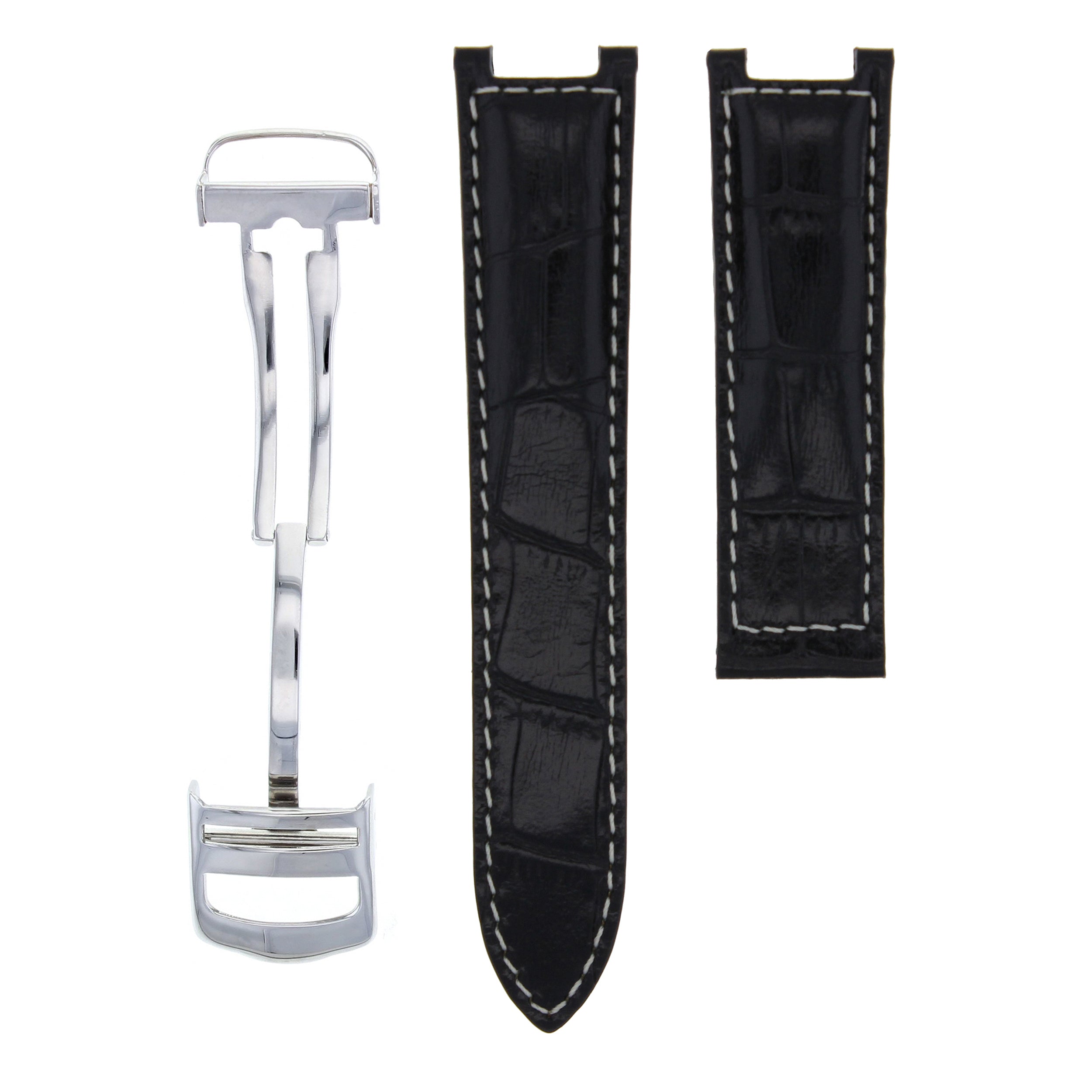 LEATHER WATCH STRAP BAND DEPLOY CLASP FOR FIT CARTIER PASHA WATCH 20MM BLACK WS