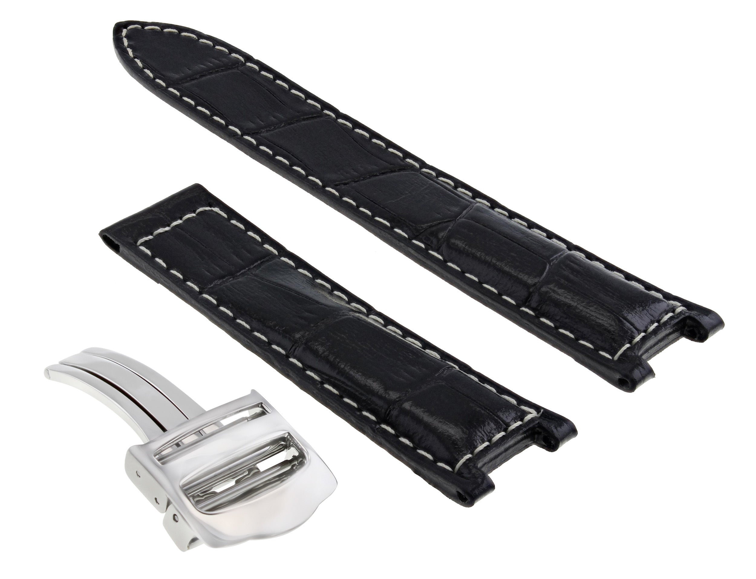 LEATHER WATCH STRAP BAND DEPLOY CLASP FOR FIT CARTIER PASHA WATCH 20MM BLACK WS