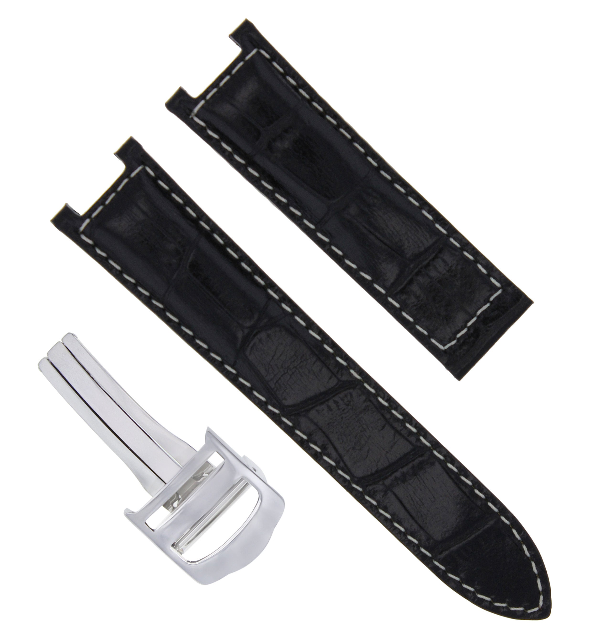 LEATHER WATCH STRAP BAND DEPLOY CLASP FOR FIT CARTIER PASHA WATCH 20MM BLACK WS